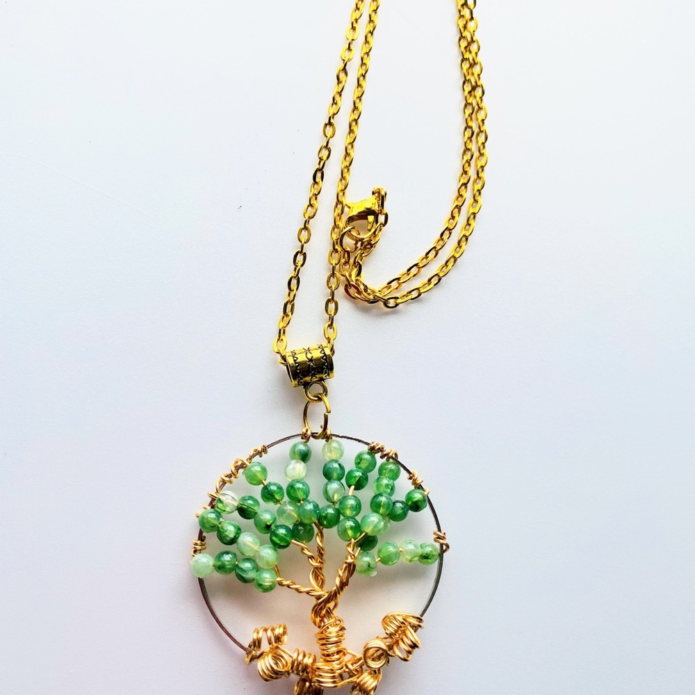 Green jade beaded wirewrapped tree of life necklace